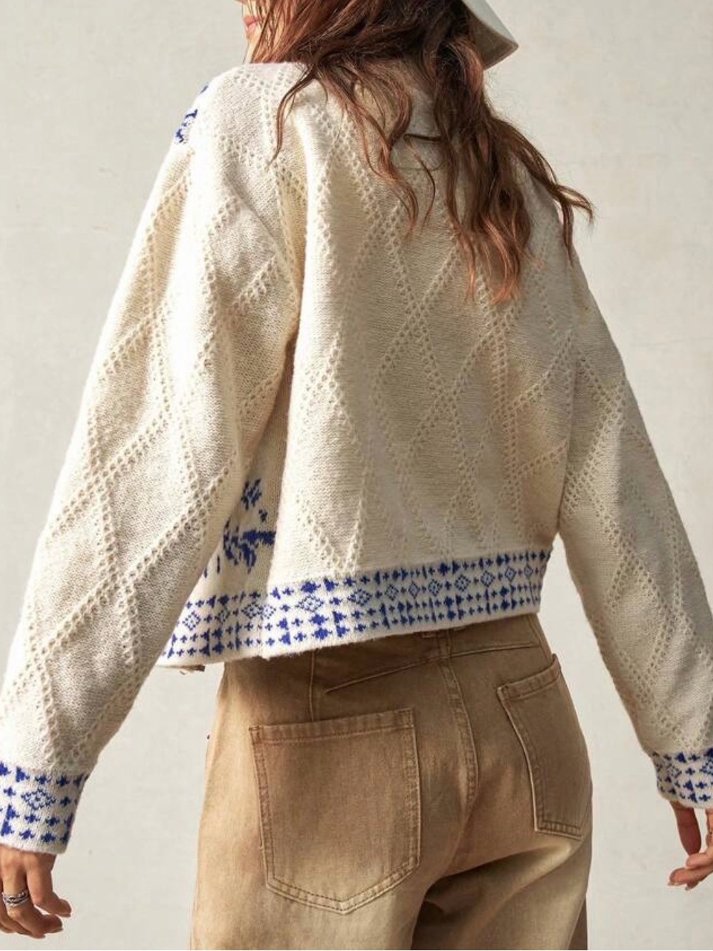 Cream Zip-Up Knit Cardigan with Blue Pattern - Picture 5 of 10